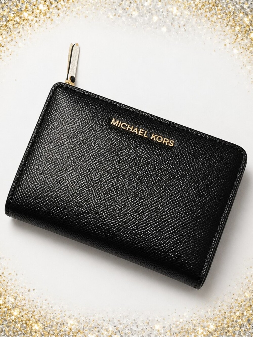 Michael Kors Black Saffiano Zip Pouch with Gold Logo New